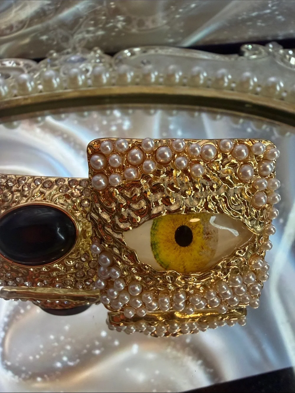 Gold Pearl Eye Statement Ring — Green Eye Accent